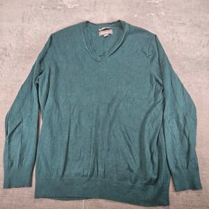 Eddie Bauer Mens TXL Green Cotton Cashmere Blend V Neck Long‎ Sleeve Sweater